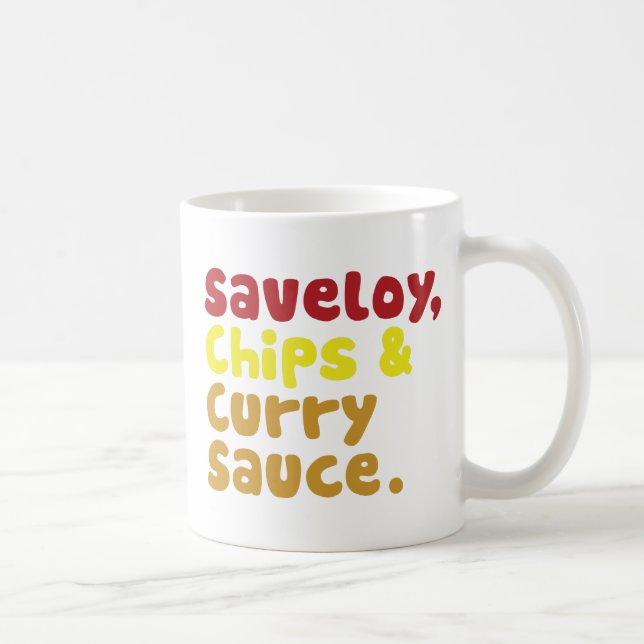 Saveloy, chiper & currySauce. Kaffemugg (Höger)