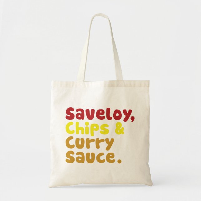 Saveloy, pommes frites & curry sås. tygkasse (Framsidan)