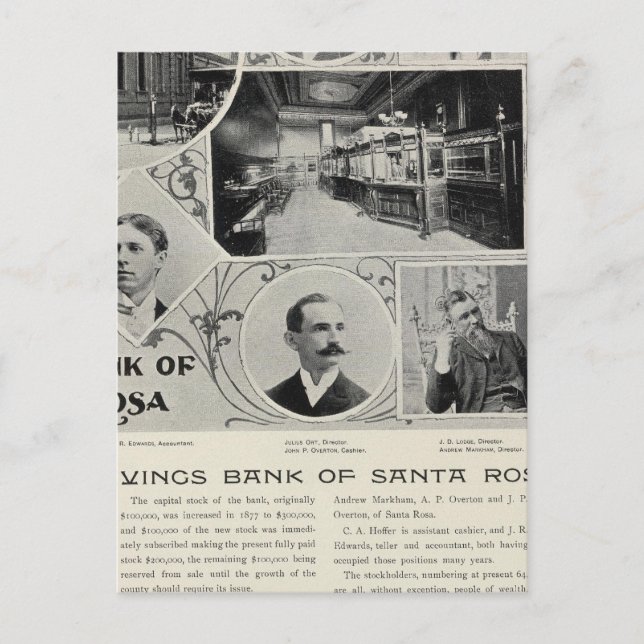 Savings Bank of Santa Rosa, Kalifornien Vykort (Framsida)