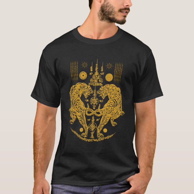 Sawadee Thai Traditional Sak Yant Thai Twin Tigers T Shirt (Framsida)