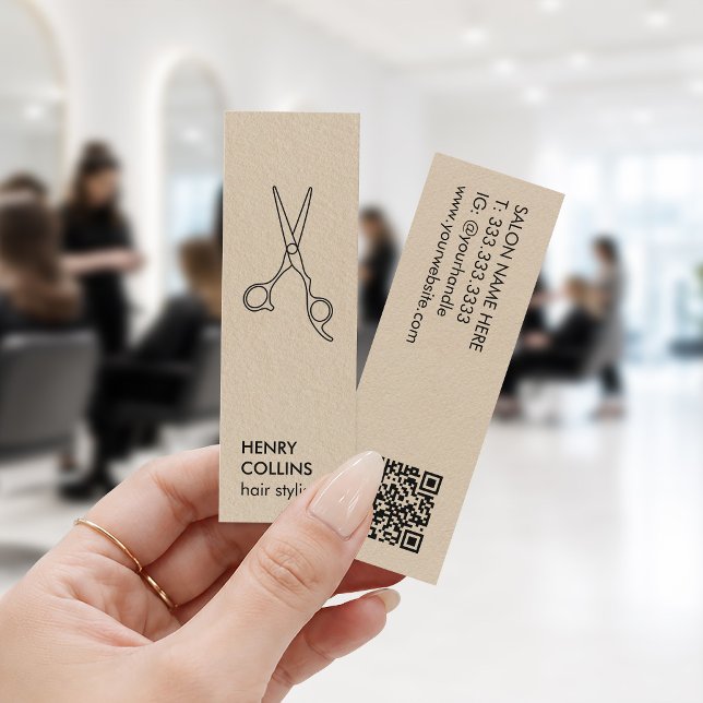Sax för frisör beige kraftpapper Qr-kod Mini Visitkort (Skapare uppladdad)