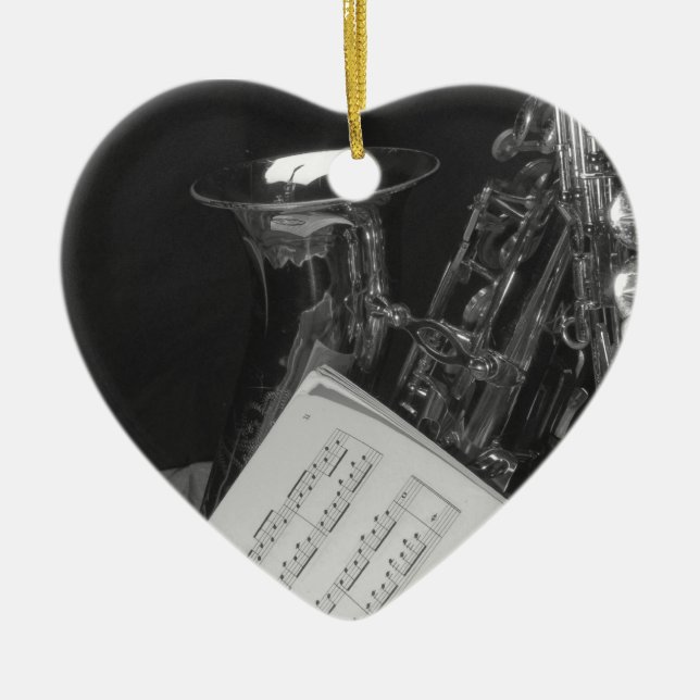 Saxaphone och notblad julgransprydnad keramik (Framsidan)