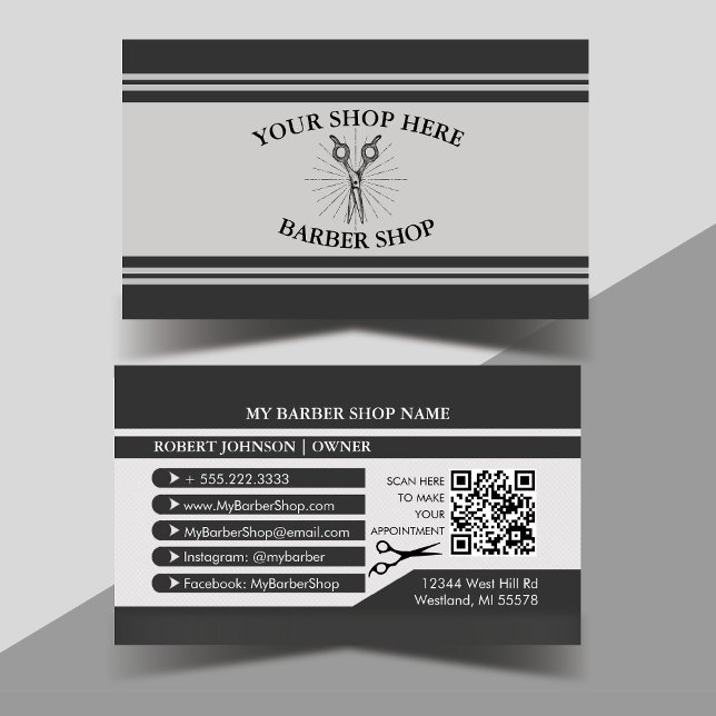 Saxare Black och Grått Barber Shop Visitkort (Black and Grey Vintage Barber Scissors Modern Professional Business Card)