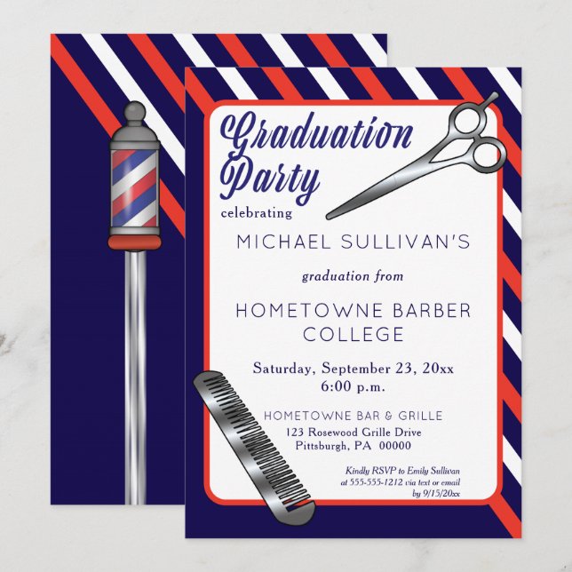 Saxer | Comb Barber School Studentfest Inbjudningar (Fram/baksida)