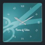 Saxer | Cyan | Hair Salon Fyrkantig Klocka<br><div class="desc">Mörkens cyanväggklocka med ett par saxar,  vita romerska siffror och möjligheten att lägga till ditt namn eller namn i ditt företag.</div>