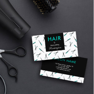 Saxer och komber - Turocise Black Hair Stylist Visitkort
