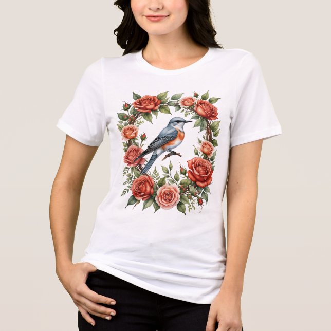 Saxertand Flycatcher omringad av Röd ros T Shirt (Framsida)