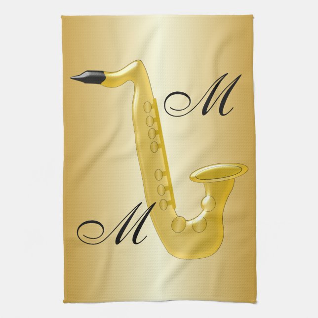 Saxofon med monogram i guld kökshandduk (Vertikal)