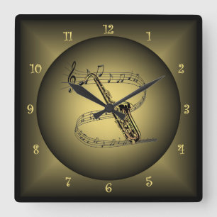 Saxofon~-musikalen instrumenterar ~ för fyrkantig klocka