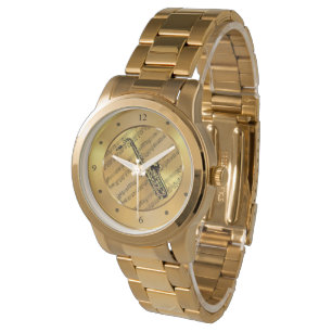 Saxofon ~ Notblad ~ Guld Bakgrund ~ Unik Armbandsur