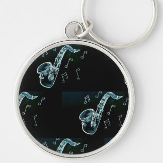 Saxofon och Musik noter Rund Silverfärgad Nyckelring