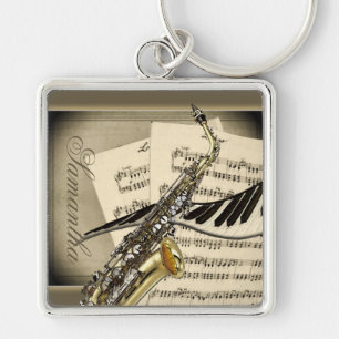 Saxofon- & pianomusik högvärdiga Keychain Fyrkantig Silverfärgad Nyckelring