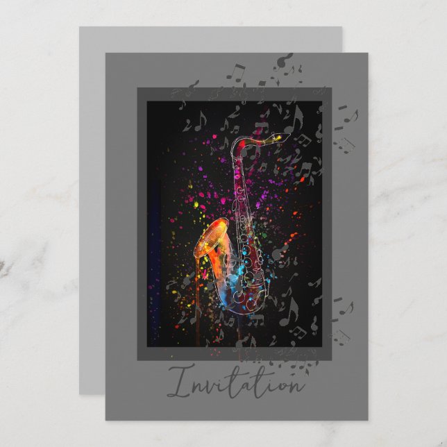 Saxofon Stänk och Musik noter Inbjudningar (Fram/baksida)