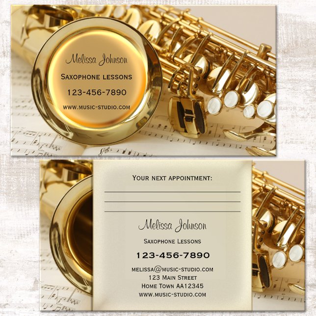 Saxofonlektioner Utnämning Affärskort Tidsbeställning Kort (Saxophone music teacher appointment business card featuring a saxophone in gold)