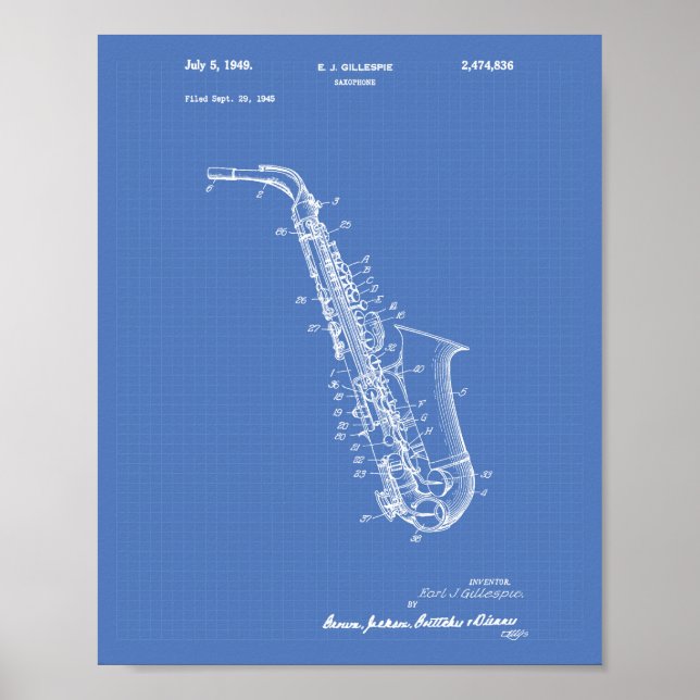 Saxophone 1949 Patent Art Blueprint Poster (Framsidan)
