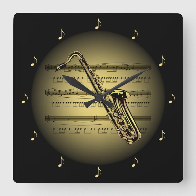 Saxophone 3-D Guld Globe ~ Lakan Music ~ Black BG Fyrkantig Klocka (Framsida)