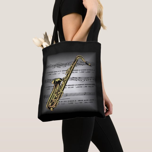 Saxophone ~ 3-D Lakan Music ~ Pillow Grått/Black ~ Tygkasse (Närbild)