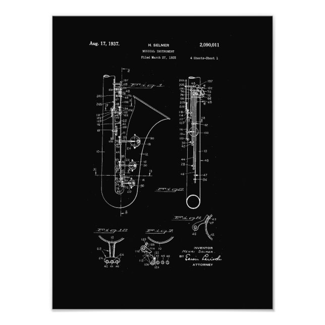 Saxophone "chalk stil" Patent Teckning Fototryck (Framsidan)