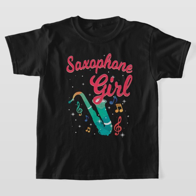 Saxophone Girl Musical Cont Treble Clef Notes S T Shirt (Laydown)