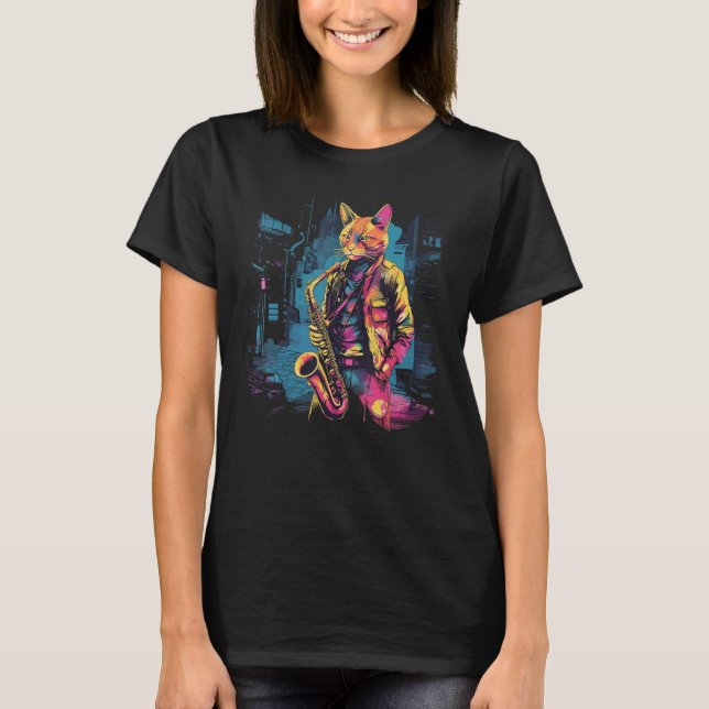 Saxophone Instrument Jazz Musician Cat Saxophonist T Shirt (Framsida)