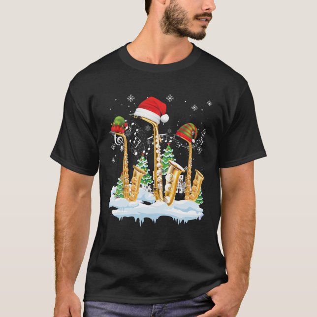 Saxophone Jazz Santa Hat Christmas Tree Musician S T Shirt (Framsida)