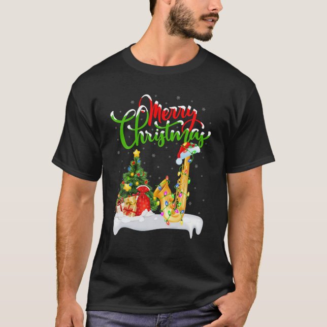 Saxophone Lover Xmas Lighting Santa Saxophone Chri T Shirt (Framsida)