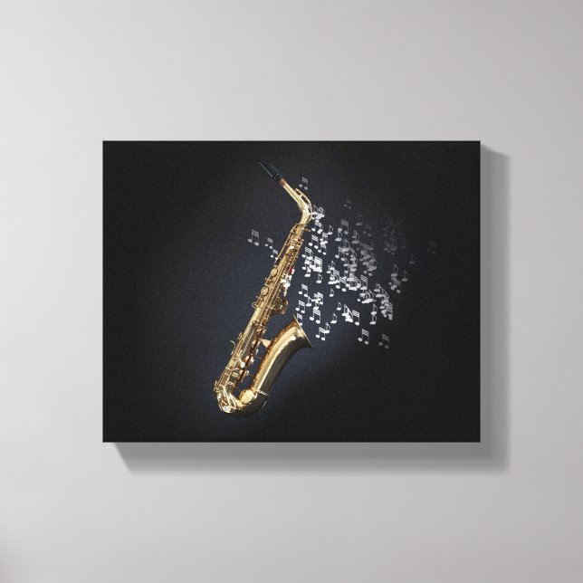 Saxophone med musik noter som kommer ut ur klockan canvastryck (Framsida)