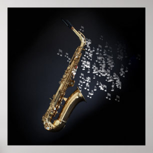 Saxophone med musik noter som kommer ut ur klockan poster