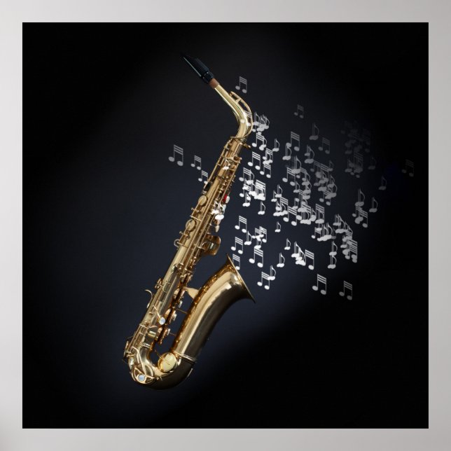 Saxophone med musik noter som kommer ut ur klockan poster (Framsidan)