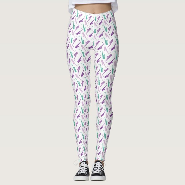 Saxophone Mönster Lila Teal Leggings (Framsida)