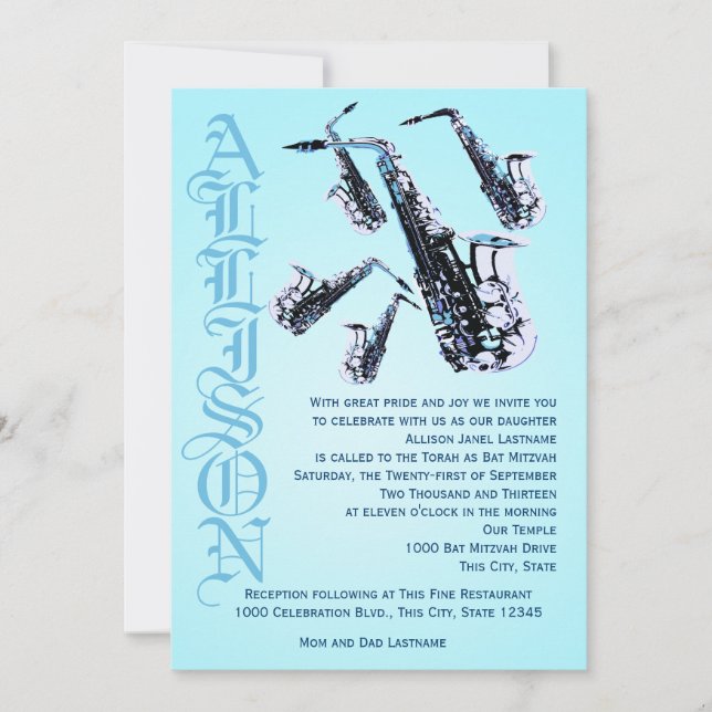 Saxophone Music Bat mitzvah Inbjudningar (Framsida)