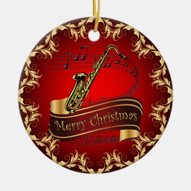 Saxophone ~ Musical Rulla ~ God jul ~ * ~ Julgransprydnad Keramik (Framsidan)