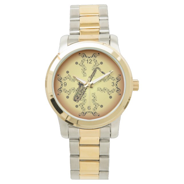 Saxophone ~ Musical Rulla ~ Golden Background ~ Armbandsur (Framsida)