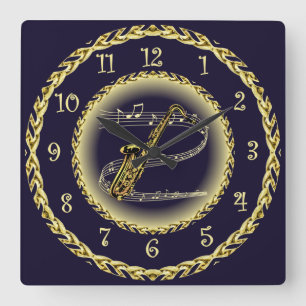 Saxophone ~ Musical Rulla ~ Guld/Navy Blue ~ Fyrkantig Klocka