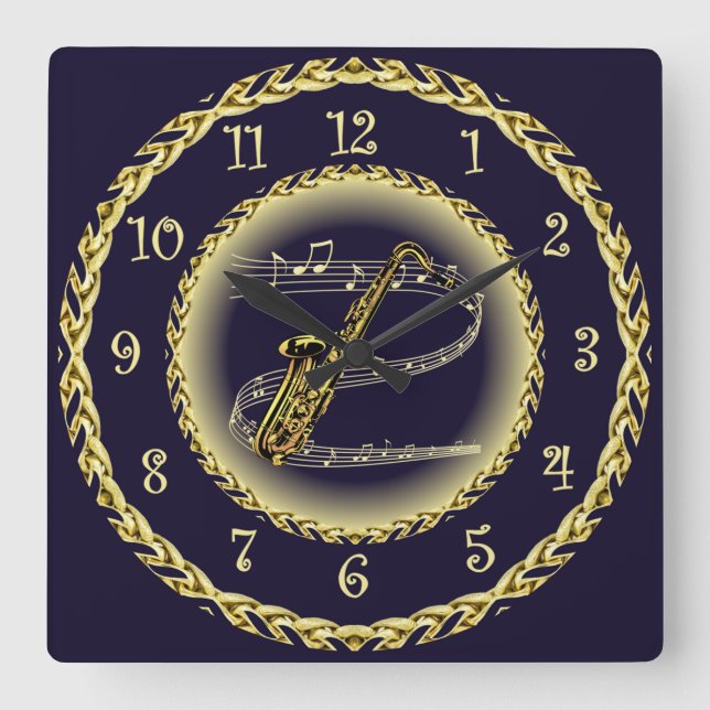Saxophone ~ Musical Rulla ~ Guld/Navy Blue ~ Fyrkantig Klocka (Framsida)