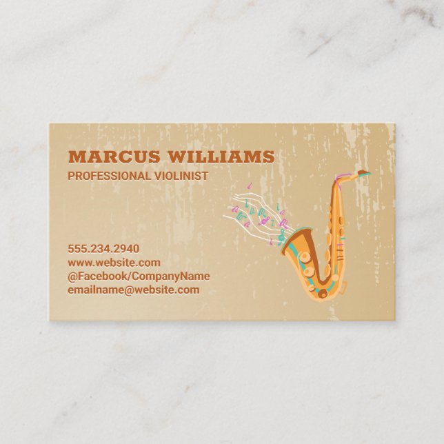 Saxophone Musik noter | Grunge - bakgrund Visitkort (Framsida)