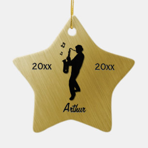 Saxophone Player Guld Namn / Date Julgransprydnad Keramik