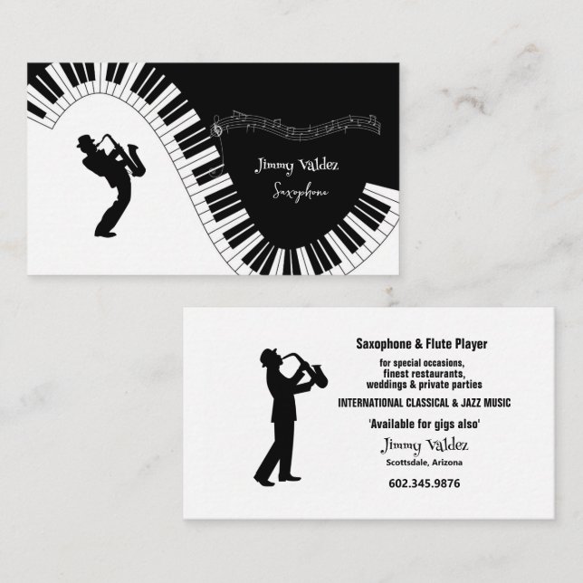 Saxophone Player Musik noter Piano Nycklar Visitkort (Fram/baksida)