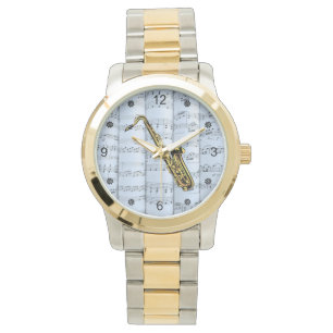 Saxophone~Rolled Lakan Music~Blue Tint Background Armbandsur