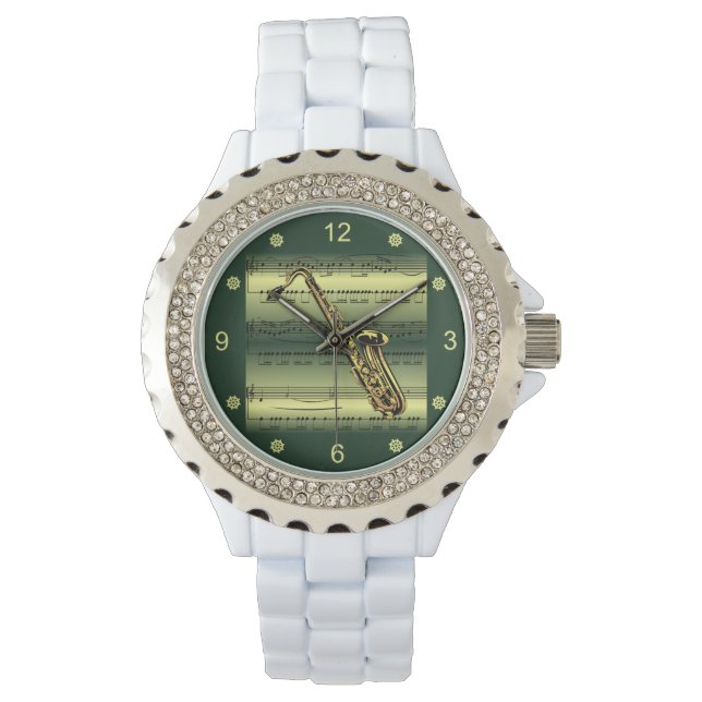 Saxophone~Rolled Lakan Music~Guld/Grönt Background Armbandsur (Framsida)