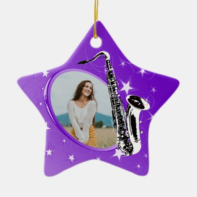 Saxophone Shining Star Photo Ceramic Ornament (Framsidan)