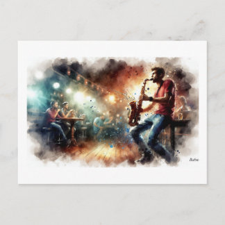 Saxophonist Performing in Cafe,  Vykort