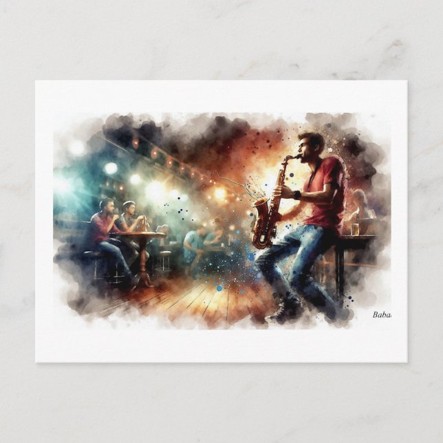 Saxophonist Performing in Cafe,  Vykort (Framsida)