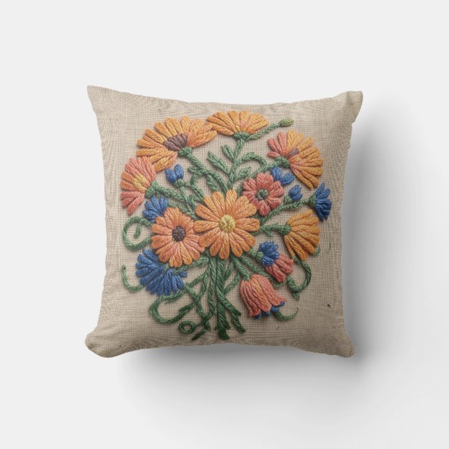 Saxstickad Broderad Kudd Ull Ringblomma Kudde (Framsida)