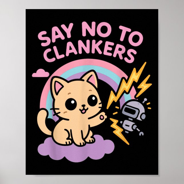Say No To Clankers Anti Ai Robots Cute Kitten Rain Poster (Framsidan)