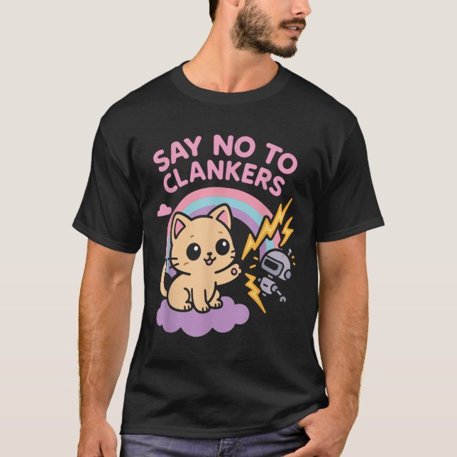 Say No To Clankers Anti Ai Robots Cute Kitten Rain T Shirt (Framsida)