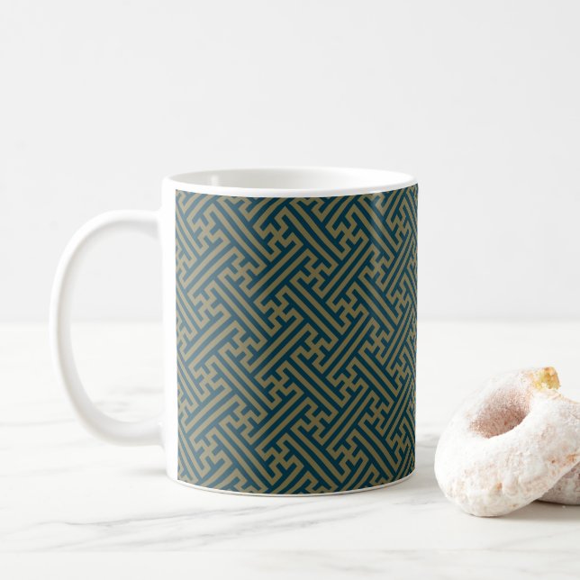 Sayagata mönster, japanska, Guld och marinblått Kaffemugg (Med munk)