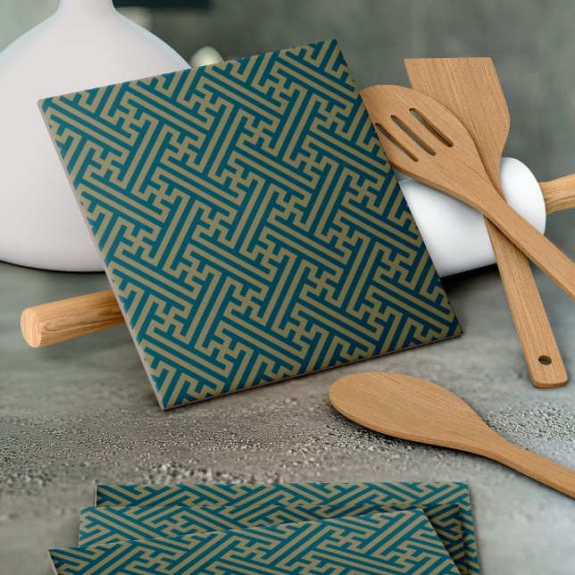 Sayagata mönster, japanska, Guld och marinblått Kakelplatta (Skapare uppladdad)