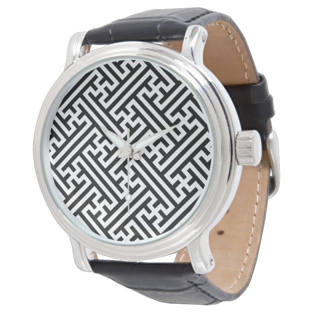 Sayagata-mönster, japanska, svart och vitt armbandsur (Vinklad)