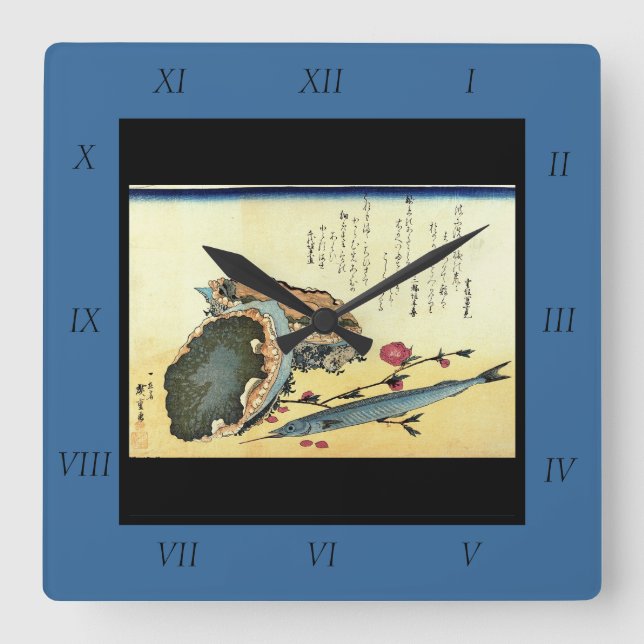 Sayori & Awabi (Halfbeak, Abalone) Hiroshige Fish Fyrkantig Klocka (Framsida)